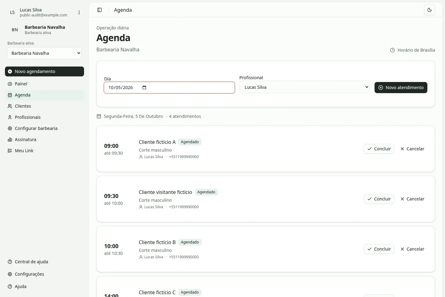Agenda Horatto com atendimentos fictícios, filtros por profissional e ações de atendimento
